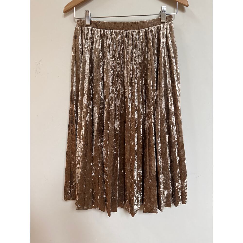 One 5 One Brown Pleated Velvet Midi Skirt Classic Party Dressy Casual Small